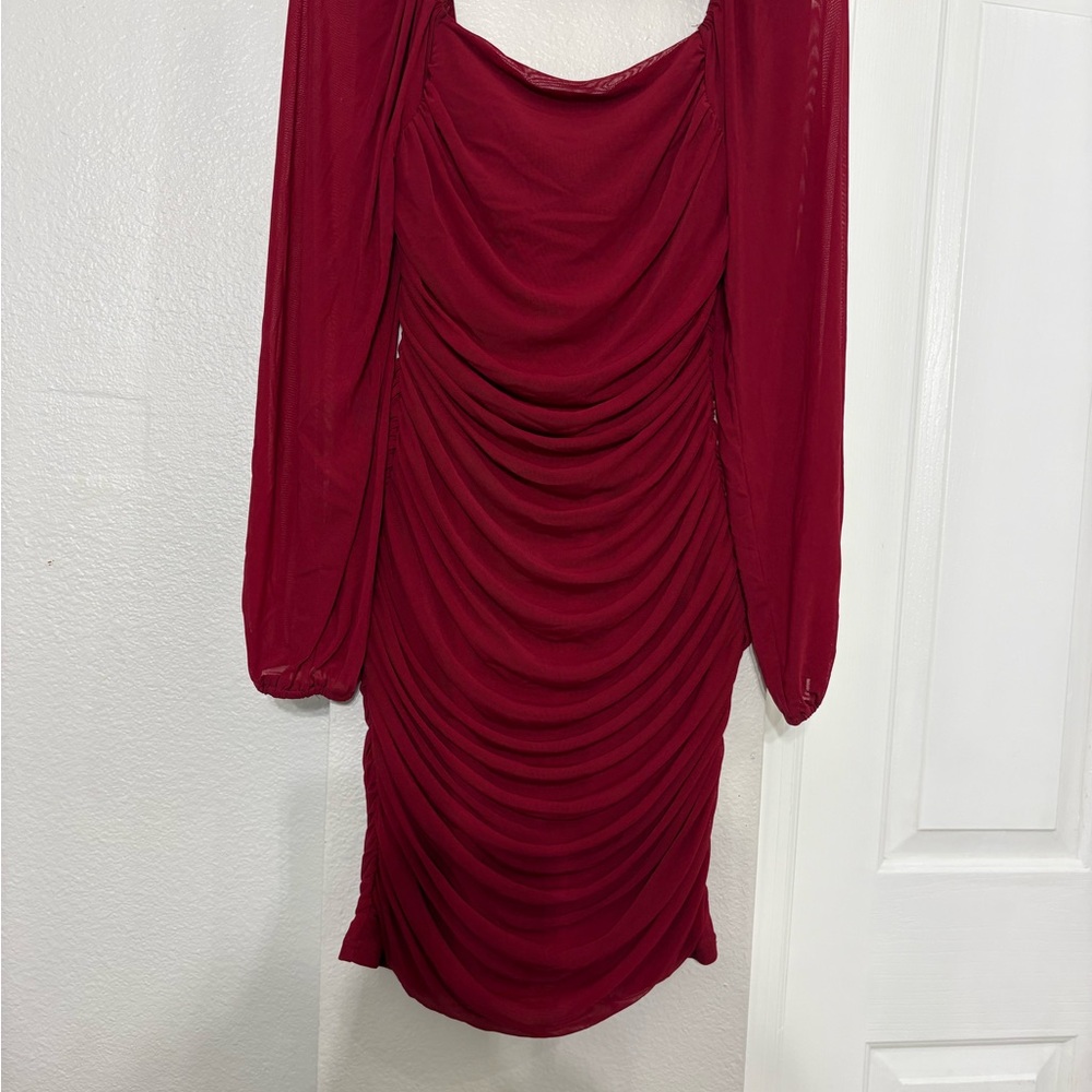 Ruched Long-Sleeve Bodycon Dress in Burgundy